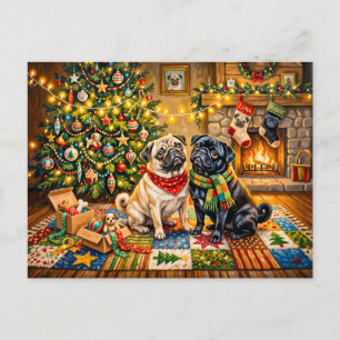Whimsical julstuga Mops Hund Illustration Vykort