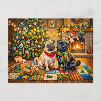 Whimsical julstuga Mops Hund Illustration Vykort