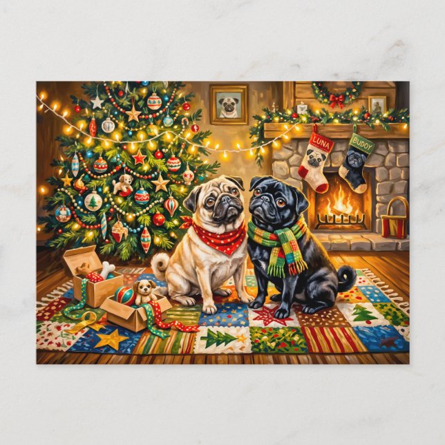 Whimsical julstuga Mops Hund Illustration Vykort (Framsida)