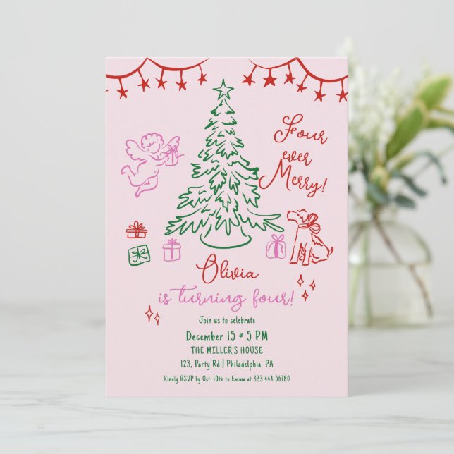 Whimsical julträds 4-års födelsedag meddelande (Stående Fram)