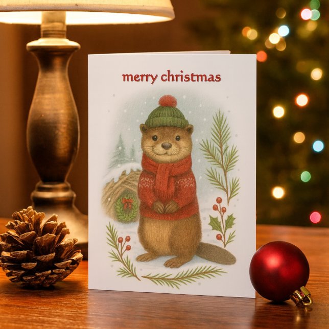 Whimsical julutter  helgkort (“Woodland otter Christmas card with cozy winter scene—festive, kid-friendly, and nature inspired.”)
