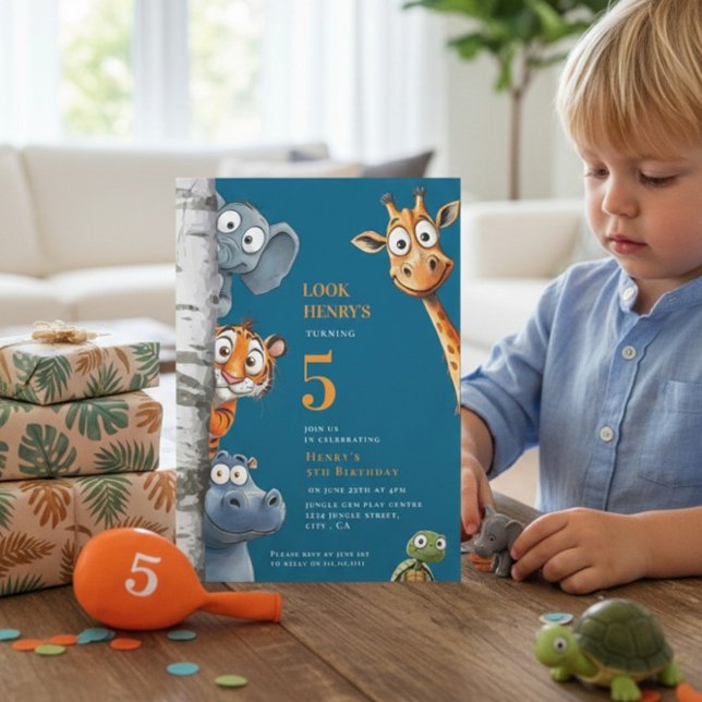 Whimsical Jungle Animals Blue Birthday Invitation Inbjudningar (Skapare uppladdad)