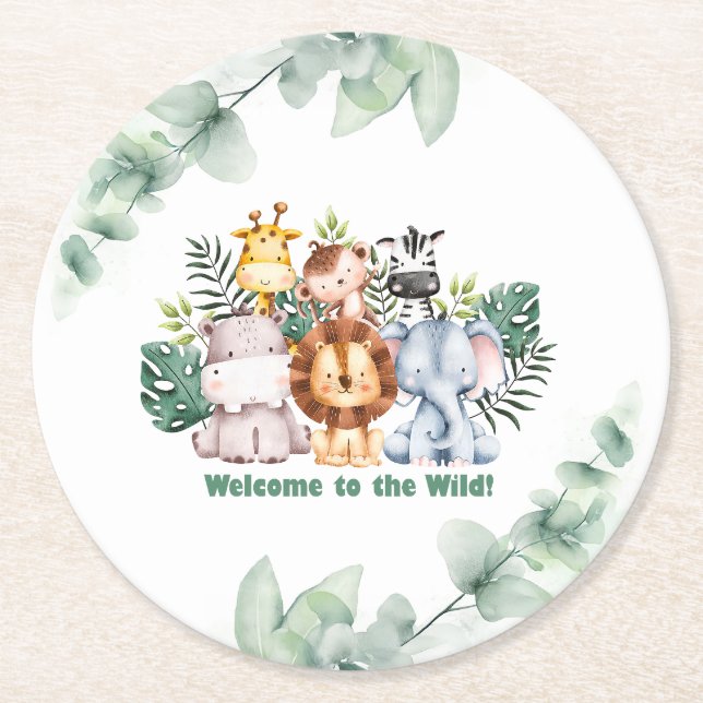 Whimsical Jungle Safari Animal Birthday Underlägg Papper Rund (Framsidan)