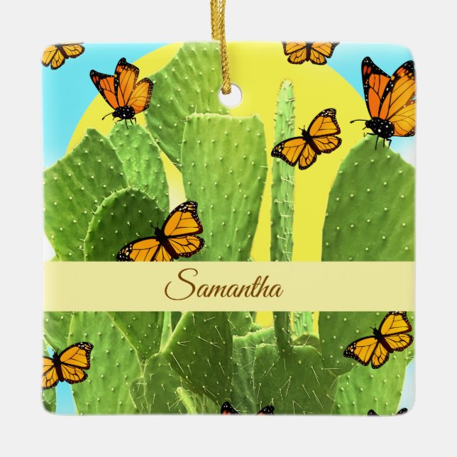 Whimsical Kaktus Och Fjärilar Julgransprydnad Keramik (Framsida)