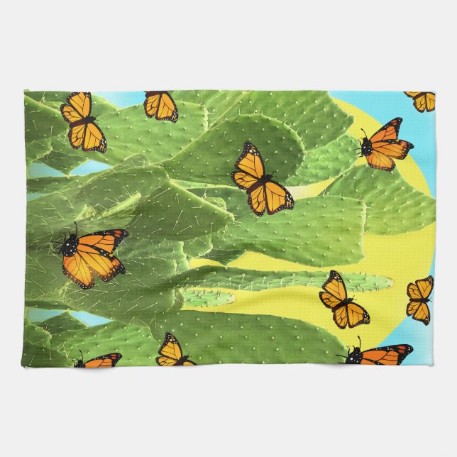 Whimsical Kaktus Och Fjärilar Kökshandduk (Horisontell)