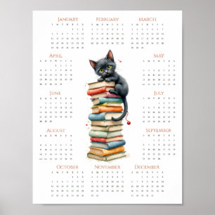 Whimsical kalender för 2026 med katt och bokstapel poster