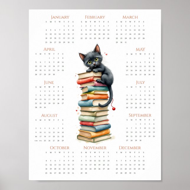 Whimsical kalender för 2026 med katt och bokstapel poster (Framsidan)