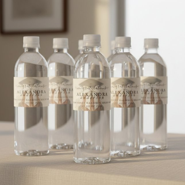 Whimsical kalligrafi examensbåge vattenflaskor etikett (Whimsical Calligraphy Graduation Bow Water Bottle Label)