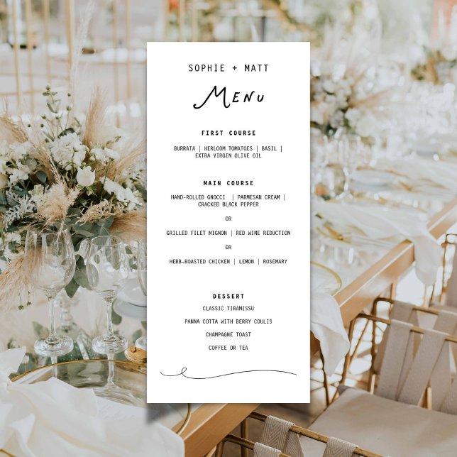 Whimsical kalligrafi minimalistisk bröllopsmeny meny (Whimsical Calligraphy Minimalist Wedding Menu)