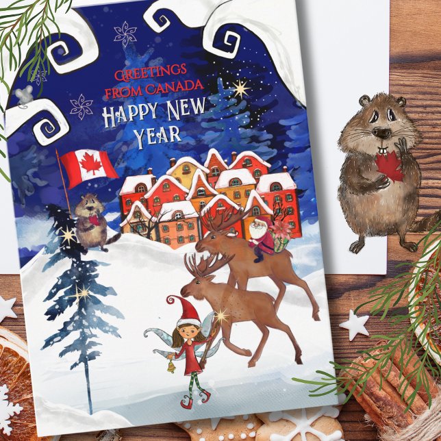 Whimsical kanadensisk by och älg nyår helgkort (Whimsical Canadian Village & Moose New Year Holiday Card)