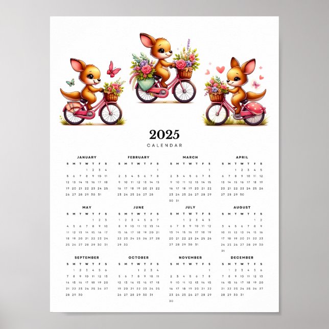 Whimsical Kangaroos on Bicycles 2025 Wall Calendar Poster (Framsidan)