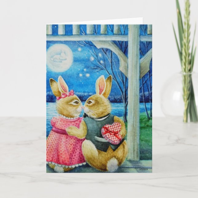 Whimsical kanin Alla hjärtans dag Vattenfärg konst Kort (Framsida)