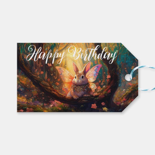 Whimsical kanin förtrollad skog Glad födelsedag Presentetikett (Framsidan (Horisontell))