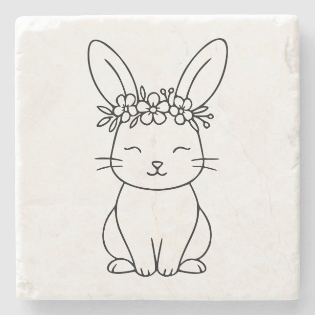 Whimsical kanin med blomkrona linjekonst  stenunderlägg (Framsidan)