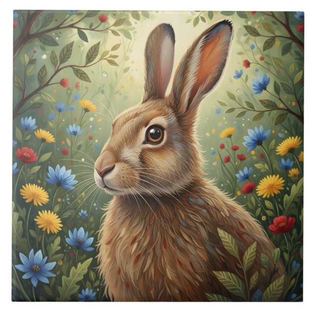 Whimsical Kanin och Skogsblommor Natur Kakelplatta (Framsidan)
