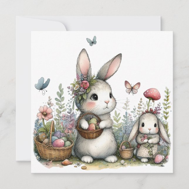 Whimsical Kaniner och Ägg Blommor Påskhälsning Kort (Framsida)