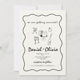 Whimsical Kärlek: Black and White Illustrative Doo Inbjudningar