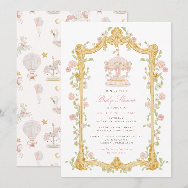 Whimsical Karusell Baby Shower Inbjudan (Fram/baksida)
