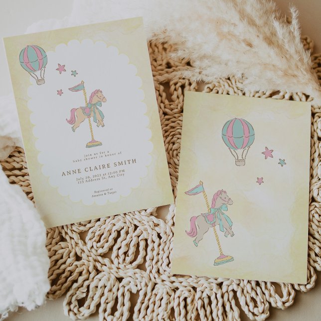 Whimsical Karusell Ballongstjärnor Baby Shower  Inbjudningar (Whimsical Carousel Baloon Stars Baby Shower Invitation)