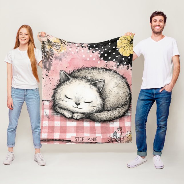 Whimsical Katt Blommig Akvarell Konst Fleecefilt (På plats)