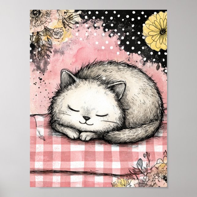 Whimsical Katt Blommig Akvarell Konst Poster (Framsidan)