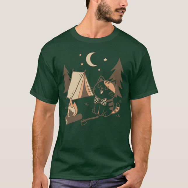 Whimsical Katt Camping Scen Design vänner T Shirt (Framsida)