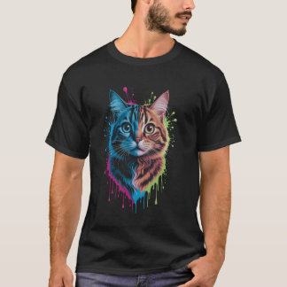 Whimsical Katt Huvud med Färg Stänk T Shirt