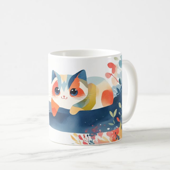 Whimsical katt i blomstrande blomsterträdgård kaffemugg (Framsida höger)