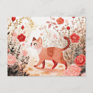 Whimsical & katt i en rosträdgård helg vykort