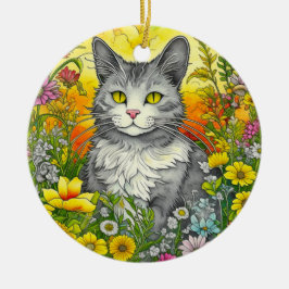 Whimsical Katt och Blommor Julgransprydnad Keramik