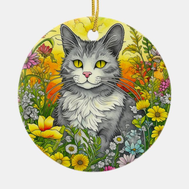 Whimsical Katt och Blommor Julgransprydnad Keramik (Framsidan)