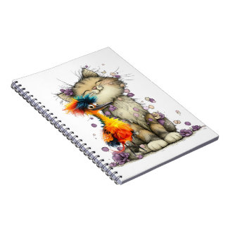 Whimsical Katt och Färgglad Fågel Spiralanteckning Anteckningsbok