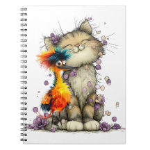 Whimsical Katt och Färgglad Fågel Spiralanteckning