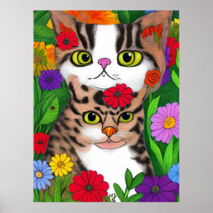 Whimsical Katt och Kittel Folkkonst Färgrik Poster