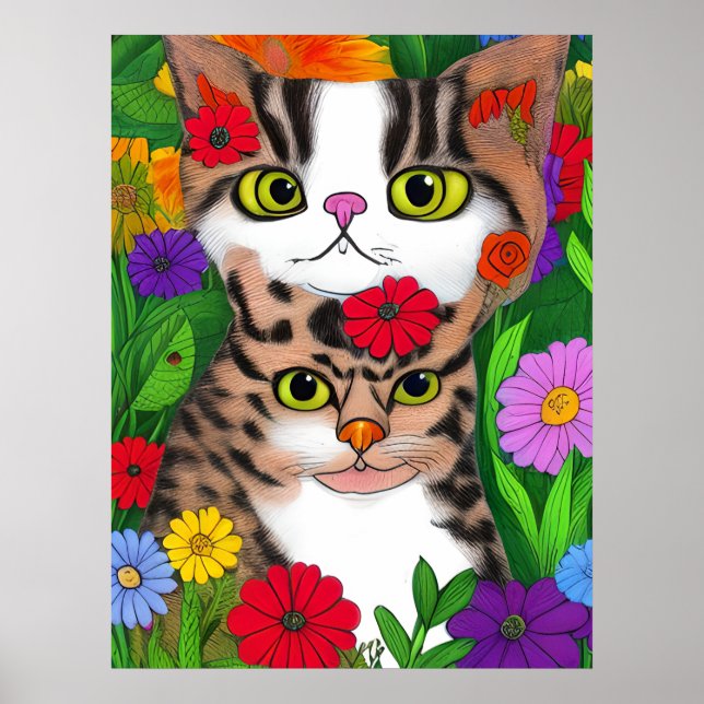 Whimsical Katt och Kittel Folkkonst Färgrik  Poster (Framsidan)