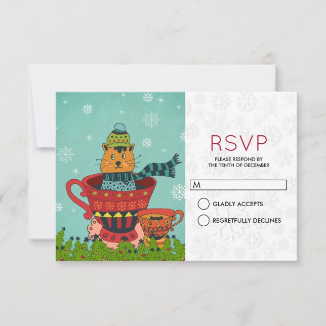 Whimsical Katt Sitter i en Tekopp Jul RSVP Inbjudningar (Framsida)