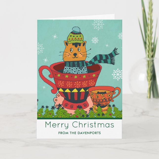 Whimsical katt som sitter i en tekopp jul kort (Framsida)