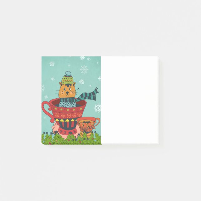 Whimsical Katt som sitter i en tekopp jul Post-it Block (Framsida)