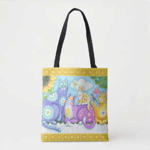 WHIMSICAL KATTDJUR FRIENDS CAT TOTE BAG-Gult Tygkasse