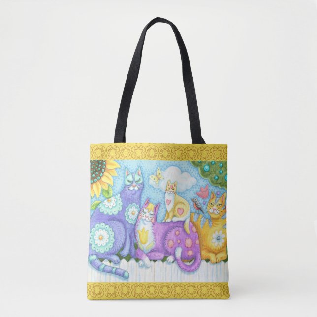 WHIMSICAL KATTDJUR FRIENDS CAT TOTE BAG-Gult Tygkasse (Framsida)