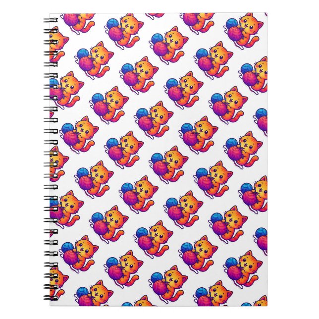 Whimsical Kawaii Cat Knitting Scene med Oversized Anteckningsbok (Framsidan)