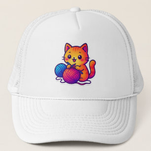 Whimsical Kawaii Cat Knitting Scene med Oversized Keps
