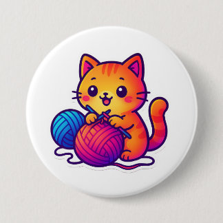 Whimsical Kawaii Cat Knitting Scene med Oversized Knapp