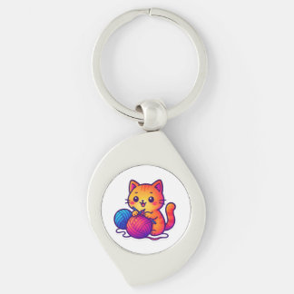 Whimsical Kawaii Cat Knitting Scene med Oversized Swirl Silverfärgad Nyckelring