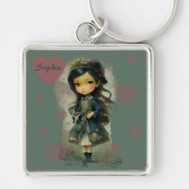 Whimsical Kawaii Fairy Tale Girl Fyrkantig Silverfärgad Nyckelring