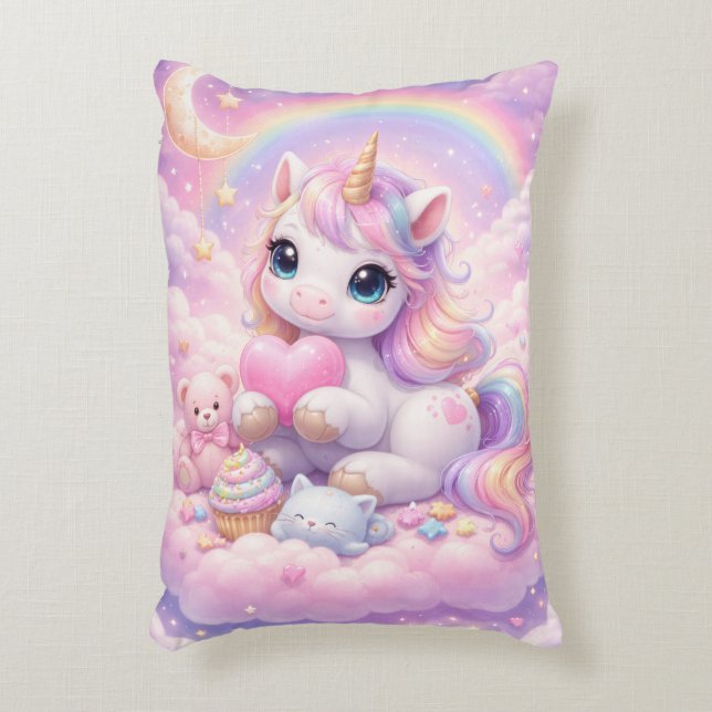 Whimsical Kawaii Unicorn & Friends Pastel Cloud Prydnadskudde (Framsidan(Vertikal))