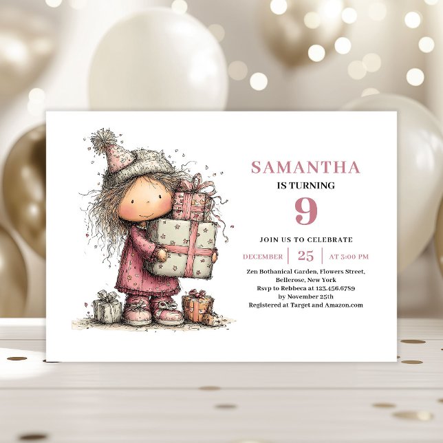 Whimsical Kids 9-års födelsedagsinbjudan Dammrosa Inbjudningar (Whimsical Kids 9th Birthday Invite Dusty Pink)