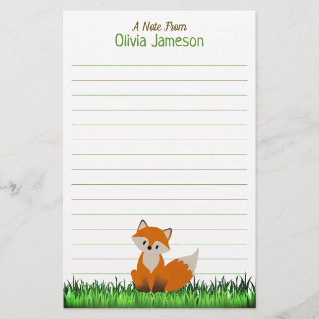 Whimsical Kid's Name FOX Lined Stationery Brevpapper (Framsida)