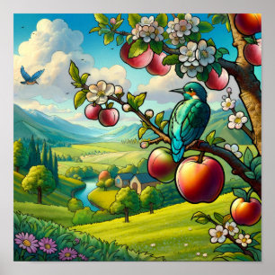 Whimsical Kingfisher Fågel på Apple Träd Färgrik Poster