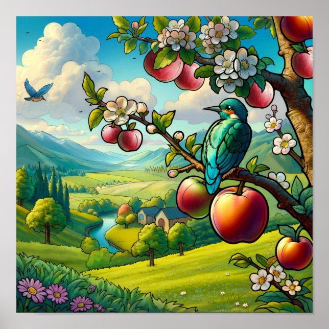 Whimsical Kingfisher Fågel på Apple Träd Färgrik Poster (Framsidan)